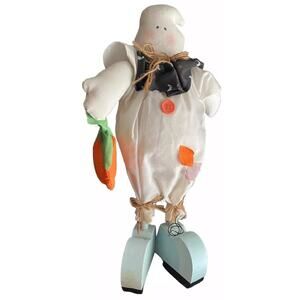 Primitive Cloth Ghost Doll 15” Handmade Folk Art Halloween Decoration Wood Vtg